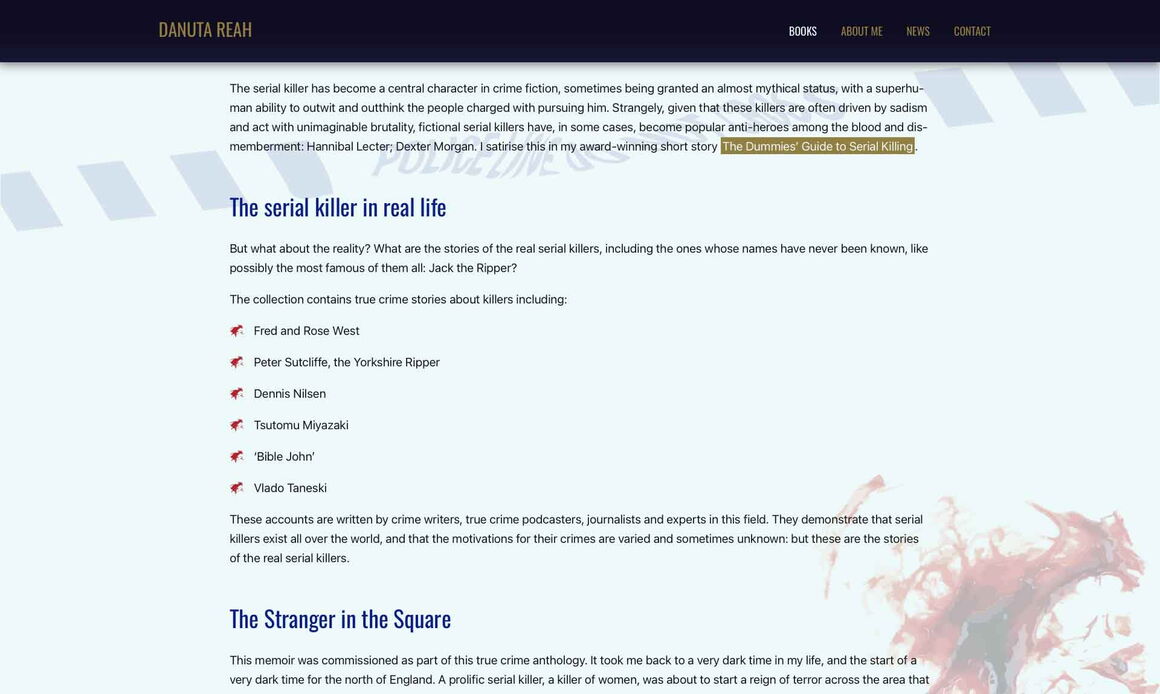 Danuta Reah’s website, showing the page background with bloodstain and police crime scene tape