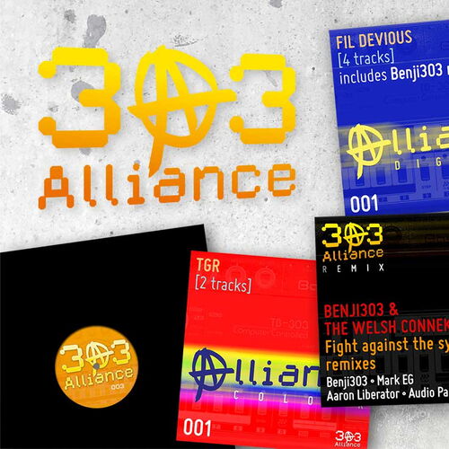303 Alliance logo plus selection of releases, designed by Paul Jackson