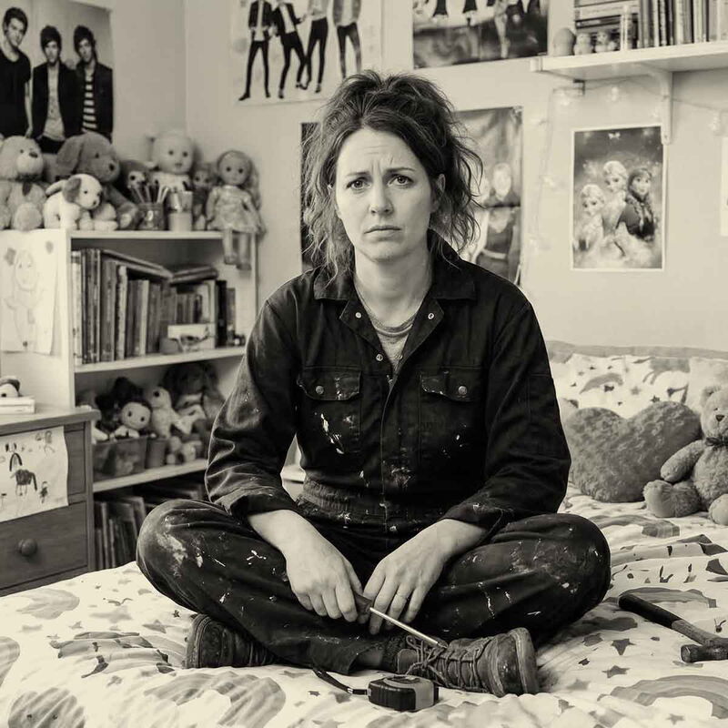 Web design and development: Tradeswoman sits on the bed in her childhood bedroom