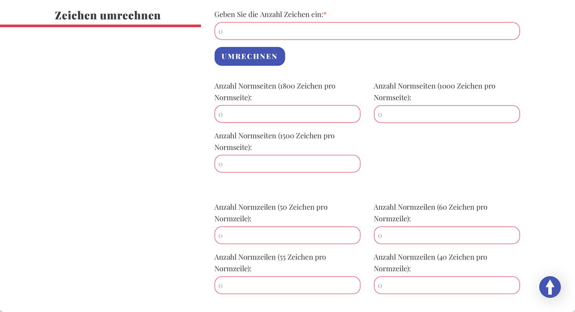 Zeichen umrechnen – einer der Rechner auf der Website: Normseiten-/Normzeilen-Rechner