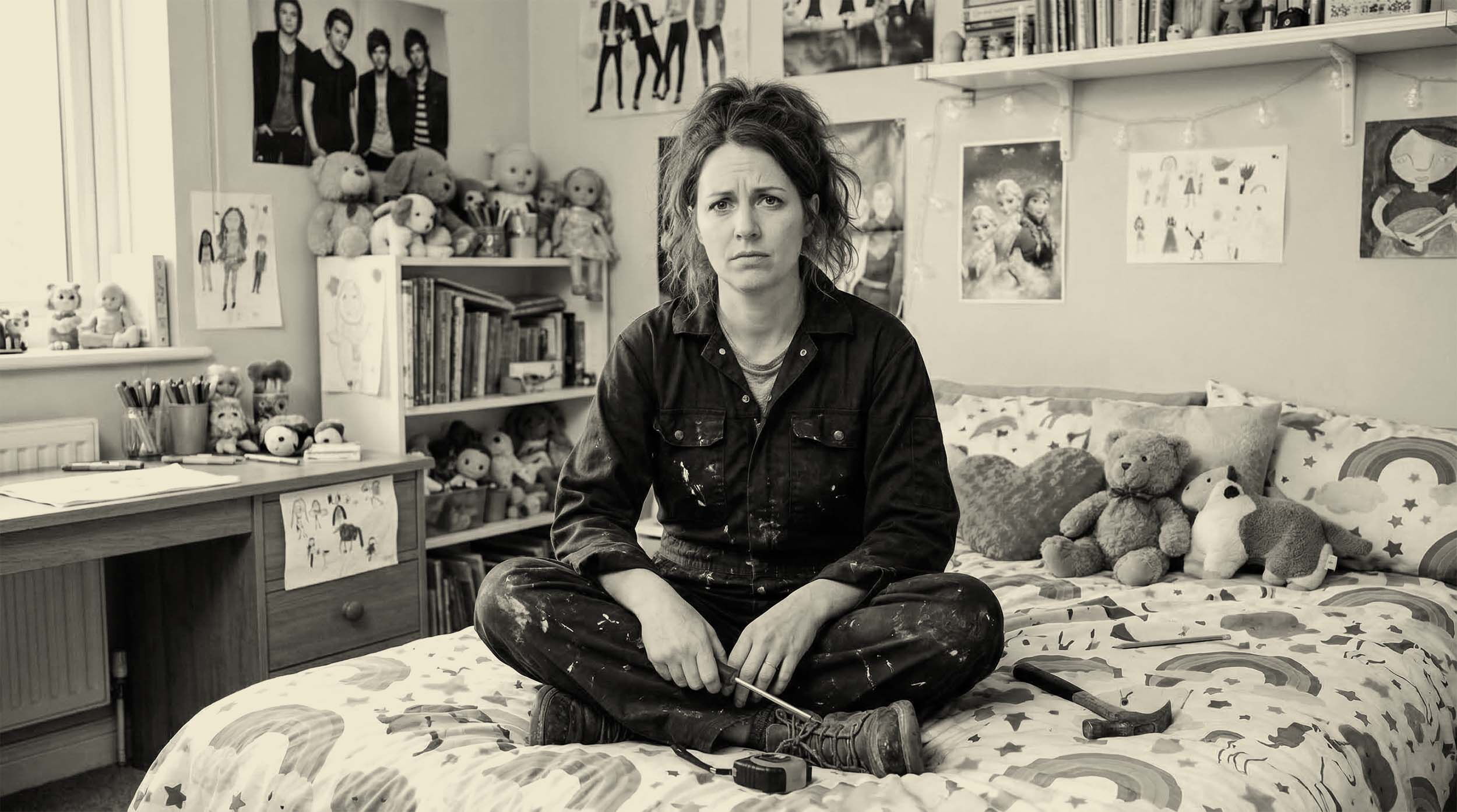 Webdesign und -Entwicklung: Handwerkerin sitzt auf dem Bett in ihrem Kinderzimmer